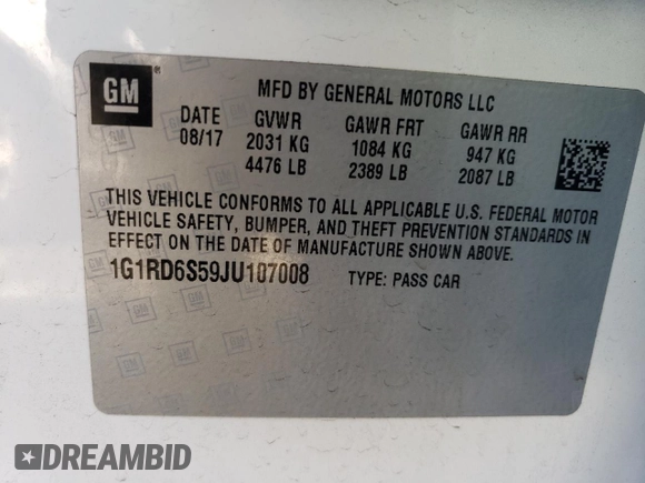2018 Chevrolet Volt Premier with VIN 1G1RD6S59JU107008, listed as a Copart auction lot 39558823 with 88,124 mi miles. Bid and sale history available at carsss.com. Image 12.