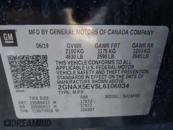 2020 Chevrolet Equinox LS z VIN 2GNAX5EV5L6106934, wystawiony jako IAAI lot #41759152 z przebiegiem 234 021 mil mil oraz . Historia ofert i sprzedaży dostępna na DreamBid. Obrazek 9.