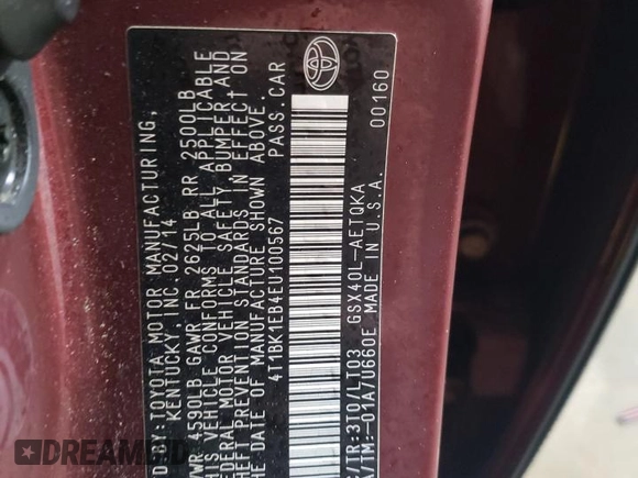 2014 Toyota Avalon Limited with VIN 4T1BK1EB4EU100567, listed as a Copart auction lot 88727145 with 36,930 mi miles and Salvage Title. Bid and sale history available at carsss.com. Image 12.