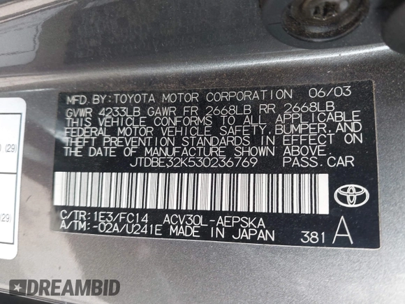 2003 Toyota Camry LE with VIN JTDBE32K530236769, listed as a IAAI auction lot 42250783 with 194,445 mi miles and . Bid and sale history available at DreamBid. Image 9.
