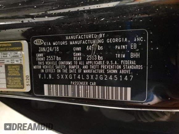 2018 Kia Optima LX with VIN 5XXGT4L3XJG245147, listed as a Copart auction lot 58152935 with 106,363 mi miles and Salvage title. Bid and sale history available at DreamBid. Image 12.