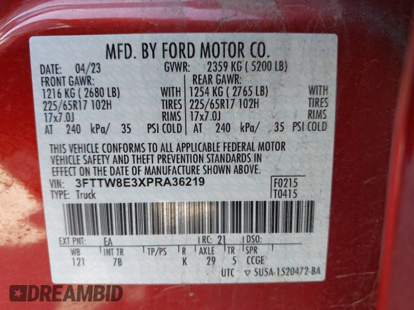 2023 Ford Maverick XL z VIN 3FTTW8E3XPRA36219, wystawiony jako IAAI lot #41846247 z przebiegiem 43 645 mil mil oraz . Historia ofert i sprzedaży dostępna na DreamBid. Obrazek 9.