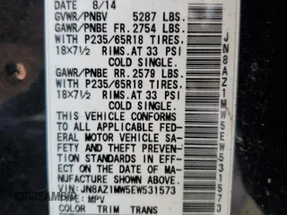 2014 Nissan Murano SL z VIN JN8AZ1MW5EW531573, wystawiony jako Copart lot #59577525 z przebiegiem 174 561 mil mil oraz Szkoda całkowita • Salvage title. Historia ofert i sprzedaży dostępna na DreamBid. Obrazek 13.
