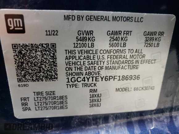 2023 Chevrolet Silverado 3500HD LT with VIN 1GC4YTEY6PF186936, listed as a Copart auction lot 86591514 with 45,087 mi miles and Salvage Title. Bid and sale history available at carsss.com. Image 12.
