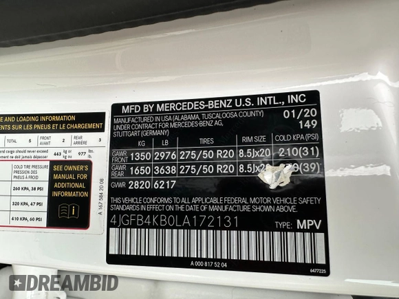 2020 Mercedes-Benz GLE 350 with VIN 4JGFB4KB0LA172131, listed as a Copart auction lot 65279065 with 98,237 mi miles and Clean title. Bid and sale history available at DreamBid. Image 10.