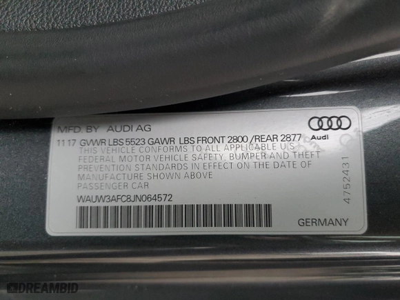 2018 Audi A7 Premium Plus with VIN WAUW3AFC8JN064572, listed as a Copart auction lot 86334304 with 77272 miles and Salvage Title. Bid and sale history available at carsss.com. Image 12.
