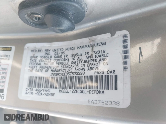 2005 Toyota Corolla CE with VIN 1NXBR32E05Z523393, listed as a IAAI auction lot 41989672 with 178,886 mi miles and . Bid and sale history available at DreamBid. Image 9.