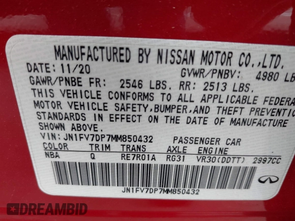2021 Infiniti Q50 Red Sport 400 with VIN JN1FV7DP7MM850432, listed as a IAAI auction lot 42057935 with 15,936 mi miles and . Bid and sale history available at DreamBid. Image 9.