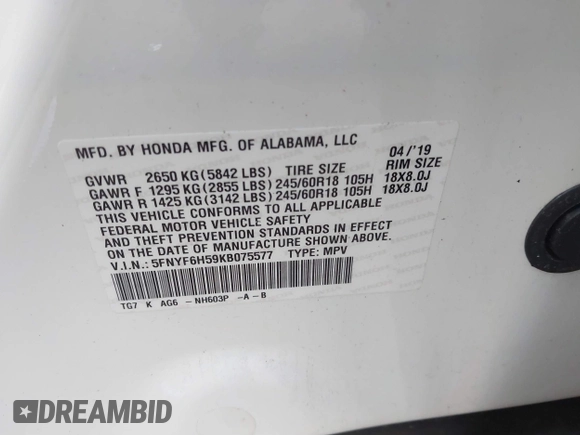 2019 Honda Pilot EX-L with VIN 5FNYF6H59KB075577, listed as a IAAI auction lot 41863841 with 102,242 mi miles and . Bid and sale history available at carsss.com. Image 9.