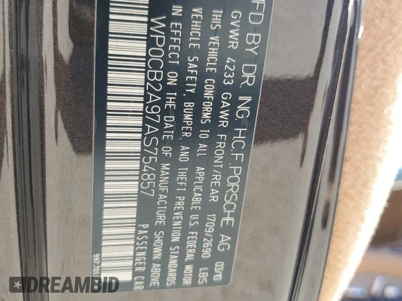 2010 Porsche 911 Carrera S with VIN WP0CB2A97AS754857, listed as a Copart auction lot 73554494 with 45,493 mi miles and Salvage Title. Bid and sale history available at DreamBid. Image 12.