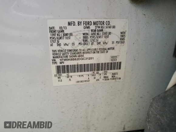 2013 Ford Explorer z VIN 1FM5K8B82DGC31251, wystawiony jako Copart lot #60331534 z przebiegiem 137 327 mil mil oraz Szkoda całkowita • Salvage title. Historia ofert i sprzedaży dostępna na DreamBid. Obrazek 13.