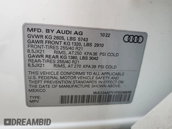 2023 Audi SQ5 Sportback Premium Plus с VIN WA124AFY1P2038636, выставлен на аукционе Copart как лот 43578025 с пробегом 27 257 миль миль и Списание • Salvage title. История ставок и продаж доступна на DreamBid. Изображение 14.