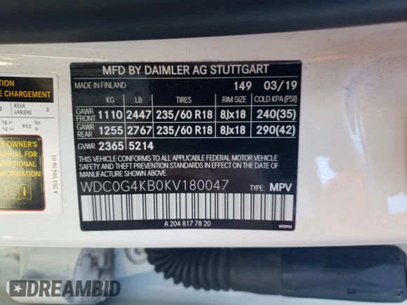 2019 Mercedes-Benz GLC with VIN WDC0G4KB0KV180047, listed as a Copart auction lot 61835712 with 67,235 mi miles. Bid and sale history available at carsss.com. Image 10.