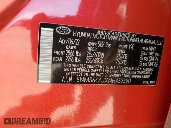 2022 Hyundai Santa Fe XRT z VIN 5NMS64AJXNH452390, wystawiony jako Copart lot #47323695 z przebiegiem 44 515 mil mil oraz Szkoda całkowita • Salvage title. Historia ofert i sprzedaży dostępna na DreamBid. Obrazek 15.