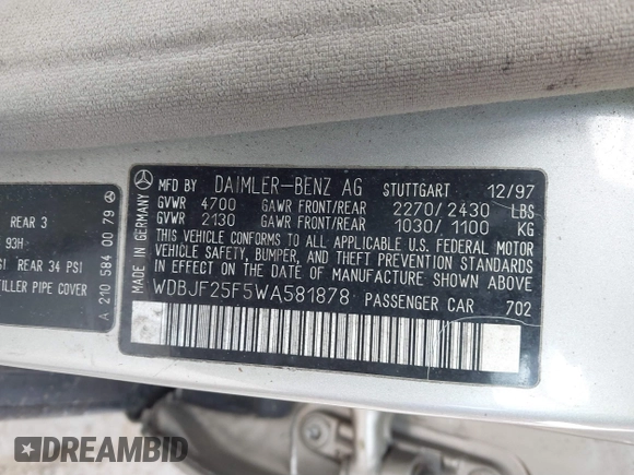 1998 Mercedes-Benz E 320 with VIN WDBJF25F5WA581878, listed as a IAAI auction lot 41662418 with 154,886 mi miles and . Bid and sale history available at DreamBid. Image 9.