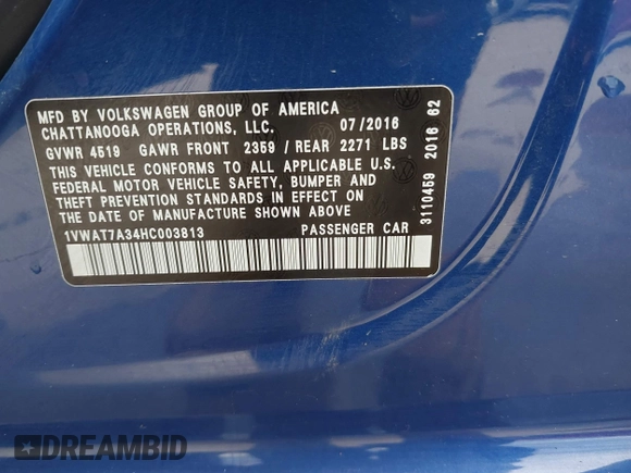 2017 Volkswagen Passat S z VIN 1VWAT7A34HC003813, wystawiony jako IAAI lot #42322928 z przebiegiem 207 115 mil mil oraz . Historia ofert i sprzedaży dostępna na DreamBid. Obrazek 9.