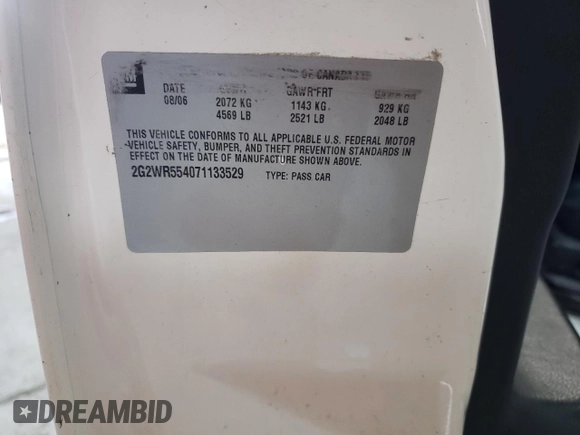 2007 Pontiac Grand Prix GT with VIN 2G2WR554071133529, listed as a Copart auction lot 61960005 with 244,078 mi miles and Salvage title. Bid and sale history available at DreamBid. Image 12.
