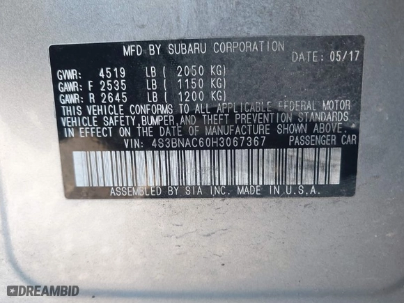2017 Subaru Legacy Premium with VIN 4S3BNAC60H3067367, listed as a IAAI auction lot 41367037 with 63,394 mi miles. Bid and sale history available at carsss.com. Image 9.
