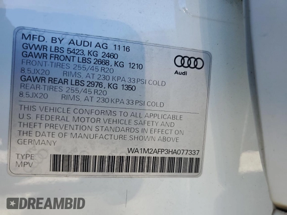2017 Audi Q5 Premium Plus z VIN WA1M2AFP3HA077337, wystawiony jako Copart lot #55445185 z przebiegiem 112 799 mil mil oraz Szkody całkowita. Historia ofert i sprzedaży dostępna na DreamBid. Obrazek 13.
