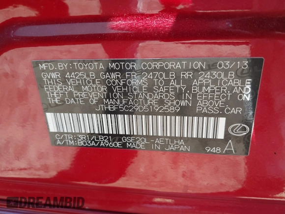 2013 Lexus IS 250 with VIN JTHBF5C29D5192589, listed as a IAAI auction lot 42018276 with 122,303 mi miles and . Bid and sale history available at DreamBid. Image 9.
