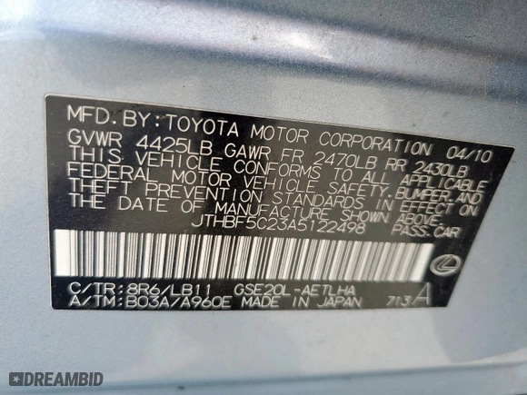 2010 Lexus IS 250 with VIN JTHBF5C23A5122498, listed as a Copart auction lot 53990405 with 190,839 mi miles and Salvage Title. Bid and sale history available at carsss.com. Image 13.