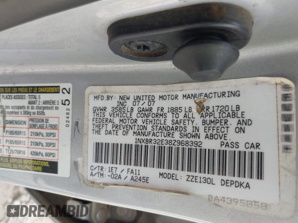 2008 Toyota Corolla CE with VIN 1NXBR32E38Z968392, listed as a IAAI auction lot 42081224 with 261,192 mi miles and . Bid and sale history available at DreamBid. Image 9.
