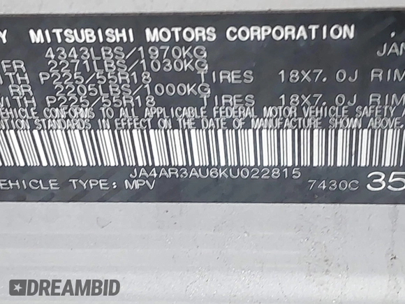 2019 Mitsubishi Outlander ES z VIN JA4AR3AU6KU022815, wystawiony jako IAAI lot #41511268 z przebiegiem 59 781 mil mil oraz . Historia ofert i sprzedaży dostępna na DreamBid. Obrazek 9.