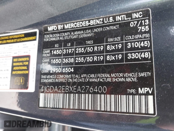 2014 Mercedes-Benz M 350 with VIN 4JGDA2EBXEA276400, listed as a IAAI auction lot 42430364 with 209,150 mi miles and . Bid and sale history available at DreamBid. Image 9.