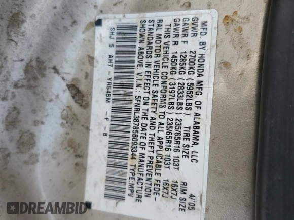 2005 Honda Odyssey EX-L with VIN 5FNRL38785B093344, listed as a Copart auction lot 53192505 with Not provided miles and Salvage title. Bid and sale history available at DreamBid. Image 13.
