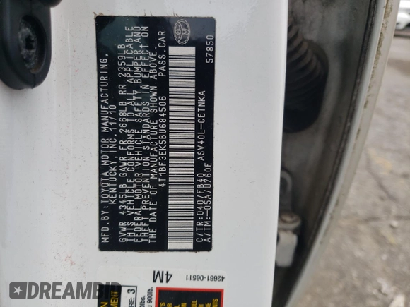 2011 Toyota Camry LE with VIN 4T1BF3EK5BU684506, listed as a Copart auction lot 57652705 with 342,125 mi miles and Salvage title. Bid and sale history available at DreamBid. Image 12.
