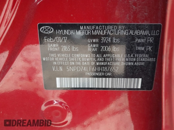 2017 Hyundai Elantra SE z VIN 5NPD74LF6HH187652, wystawiony jako IAAI lot #41822167 z przebiegiem 71 582 mil mil oraz . Historia ofert i sprzedaży dostępna na DreamBid. Obrazek 9.