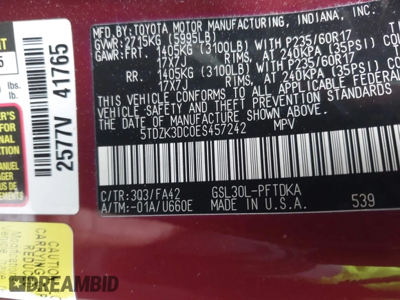 2014 Toyota Sienna L with VIN 5TDZK3DC0ES457242, listed as a IAAI auction lot 42307360 with 86,857 mi miles and . Bid and sale history available at DreamBid. Image 9.