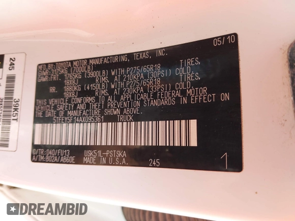 2010 Toyota Tundra with VIN 5TFEY5F14AX095361, listed as a IAAI auction lot 41502005 with Not provided miles and . Bid and sale history available at DreamBid. Image 9.