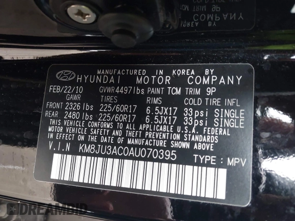 2010 Hyundai Tucson GLS with VIN KM8JU3AC0AU070395, listed as a IAAI auction lot 41933773 with 18,097 mi miles and . Bid and sale history available at DreamBid. Image 9.