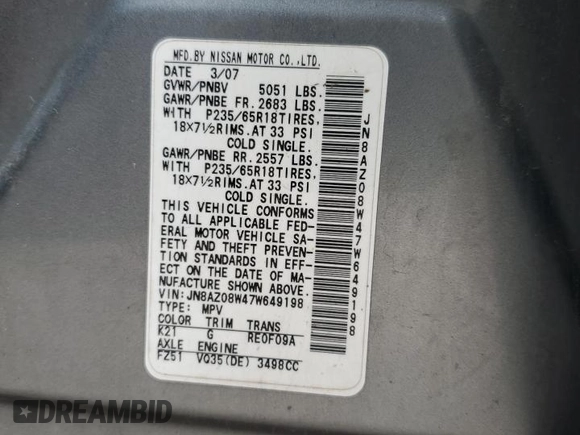 2007 Nissan Murano SL with VIN JN8AZ08W47W649198, listed as a Copart auction lot 51538455 with Not Provided miles and Salvage Title. Bid and sale history available at DreamBid. Image 14.
