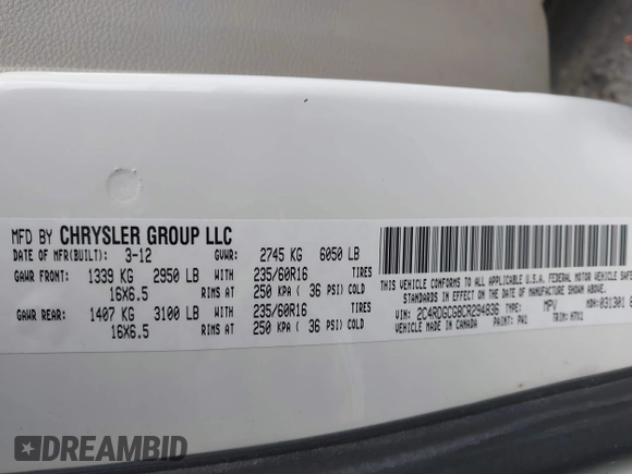 2012 Dodge Grand Caravan SXT with VIN 2C4RDGCG8CR294836, listed as a IAAI auction lot 41995385 with 184,475 mi miles and . Bid and sale history available at DreamBid. Image 9.