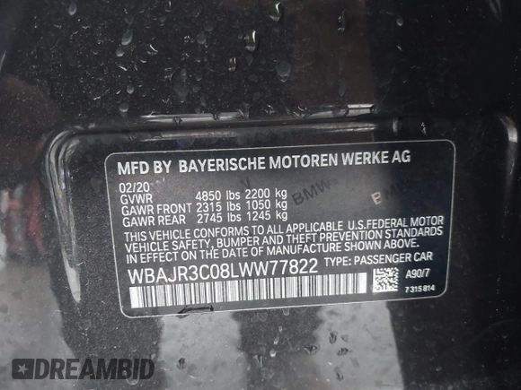 2020 BMW 5 Series 530i with VIN WBAJR3C08LWW77822, listed as a IAAI auction lot 41880376 with 52,533 mi miles and . Bid and sale history available at carsss.com. Image 9.