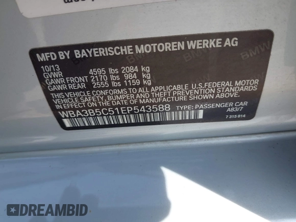 2014 BMW 3 Series 328i xDrive with VIN WBA3B5C51EP543588, listed as a IAAI auction lot 42105211 with 117,717 mi miles and . Bid and sale history available at DreamBid. Image 9.