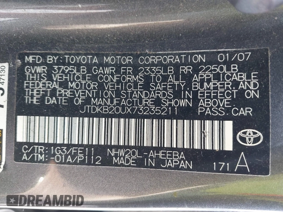 2007 Toyota Prius with VIN JTDKB20UX73235211, listed as a IAAI auction lot 42544848 with 181,251 mi miles and . Bid and sale history available at DreamBid. Image 9.