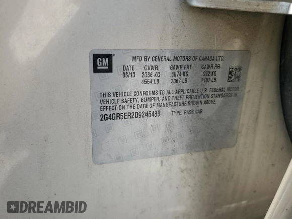 2013 Buick Regal with VIN 2G4GR5ER2D9246435, listed as a Copart auction lot 64201155 with 121,608 mi miles and Salvage title. Bid and sale history available at DreamBid. Image 12.