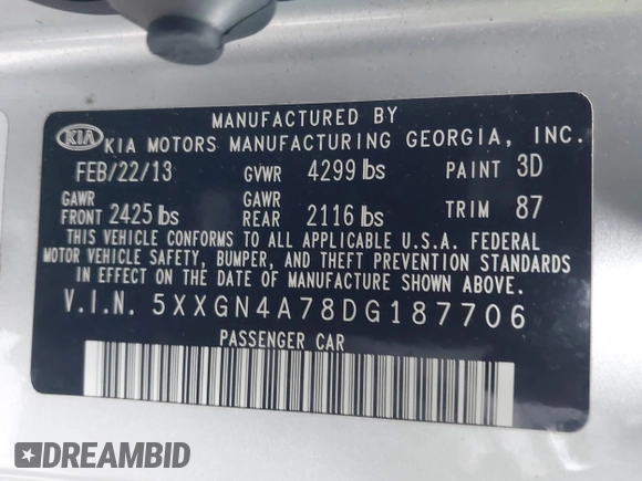 2013 Kia Optima EX with VIN 5XXGN4A78DG187706, listed as a IAAI auction lot 41424932 with 116,625 mi miles and . Bid and sale history available at DreamBid. Image 9.