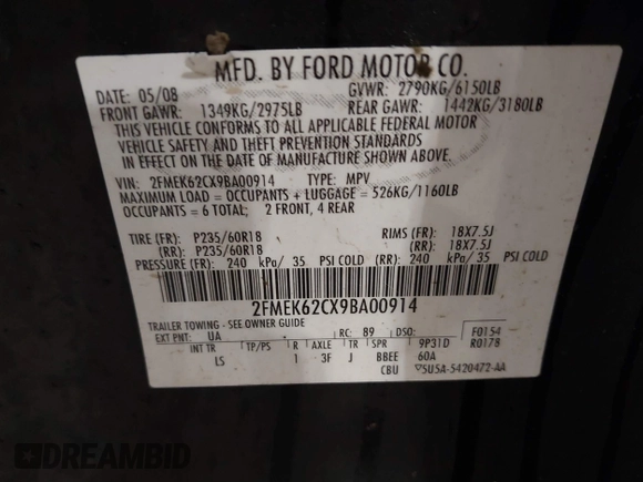 2009 Ford Flex SEL with VIN 2FMEK62CX9BA00914, listed as a IAAI auction lot 41462760 with 227,977 mi miles. Bid and sale history available at carsss.com. Image 9.
