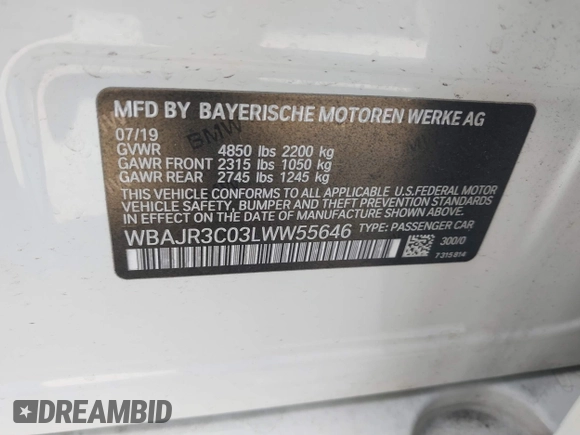 2020 BMW 5 Series 530i with VIN WBAJR3C03LWW55646, listed as a IAAI auction lot 40371444 with 58,029 mi miles and . Bid and sale history available at DreamBid. Image 9.