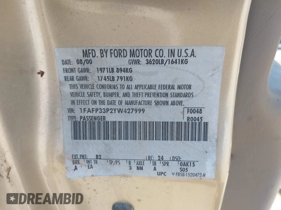 2000 Ford Focus LX with VIN 1FAFP33P2YW427999, listed as a IAAI auction lot 42874144 with 121,885 mi miles and . Bid and sale history available at DreamBid. Image 9.