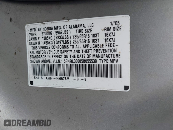 2005 Honda Odyssey EX-L with VIN 5FNRL38685B055538, listed as a IAAI auction lot 42183078 with 277,597 mi miles and . Bid and sale history available at carsss.com. Image 9.