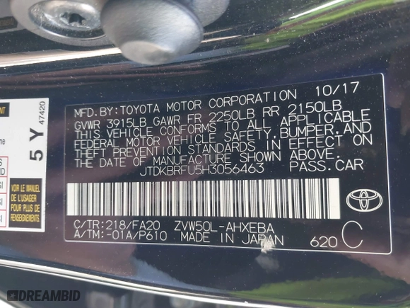 2017 Toyota Prius Two with VIN JTDKBRFU5H3056463, listed as a IAAI auction lot 41842209 with 126,002 mi miles. Bid and sale history available at carsss.com. Image 9.