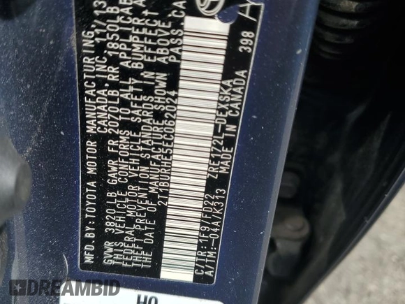 2014 Toyota Corolla L with VIN 2T1BURHE5EC062024, listed as a Copart auction lot 64925785 with 190,651 mi miles and Salvage title. Bid and sale history available at DreamBid. Image 12.