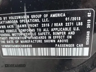 2013 Volkswagen Passat SE with VIN 1VWBH7A38DC088638, listed as a IAAI auction lot 42397459 with 173,025 mi miles and . Bid and sale history available at DreamBid. Image 9.