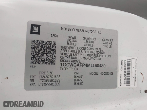 2021 Chevrolet Express Cargo with VIN 1GCWGAFP4M1160480, listed as a IAAI auction lot 42621437 with 99,142 mi miles and . Bid and sale history available at DreamBid. Image 9.