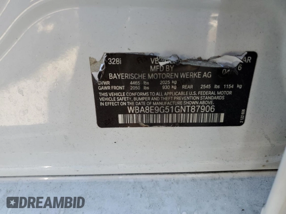 2016 BMW 3 Series 328i with VIN WBA8E9G51GNT87906, listed as a Copart auction lot 48706735 with 89,179 mi miles and Salvage Title. Bid and sale history available at carsss.com. Image 12.